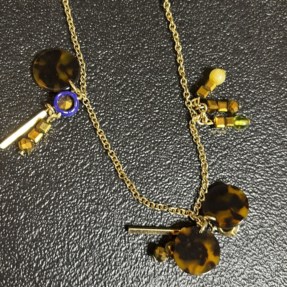 Signed J Crew Gold Tone Dangle Faux Tortoise & Colored Rhinestones Necklace - Picture 8 of 11